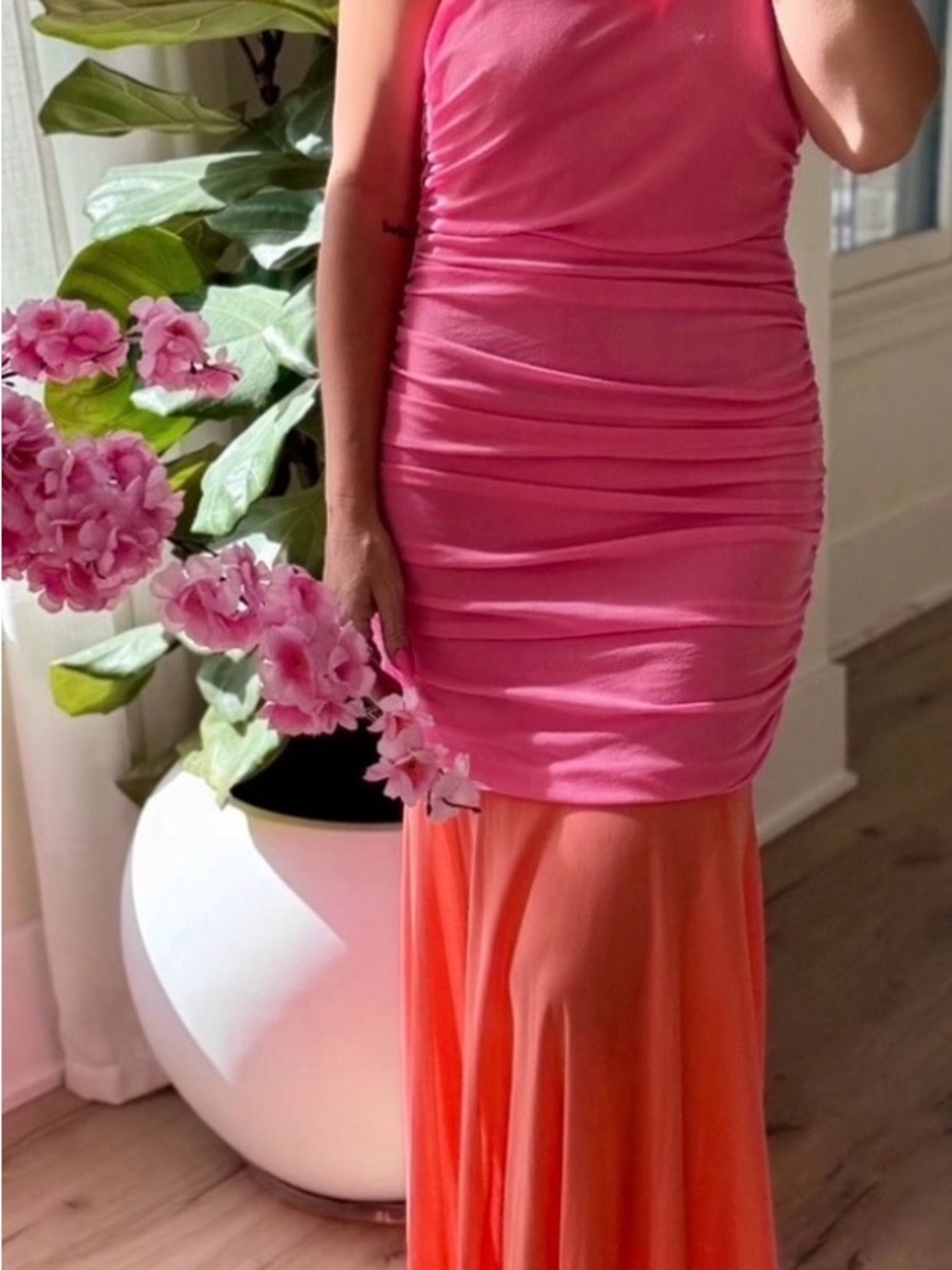 Promesa Two-Tone Ruched Maxi Dress in Pink and Coral